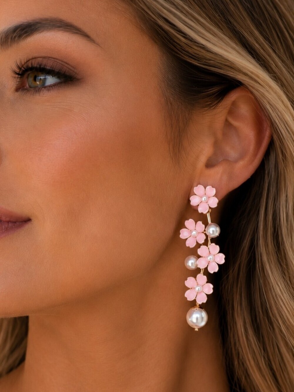 Delicate Pink Floral Pearl Drop Earrings - Women Jewelry